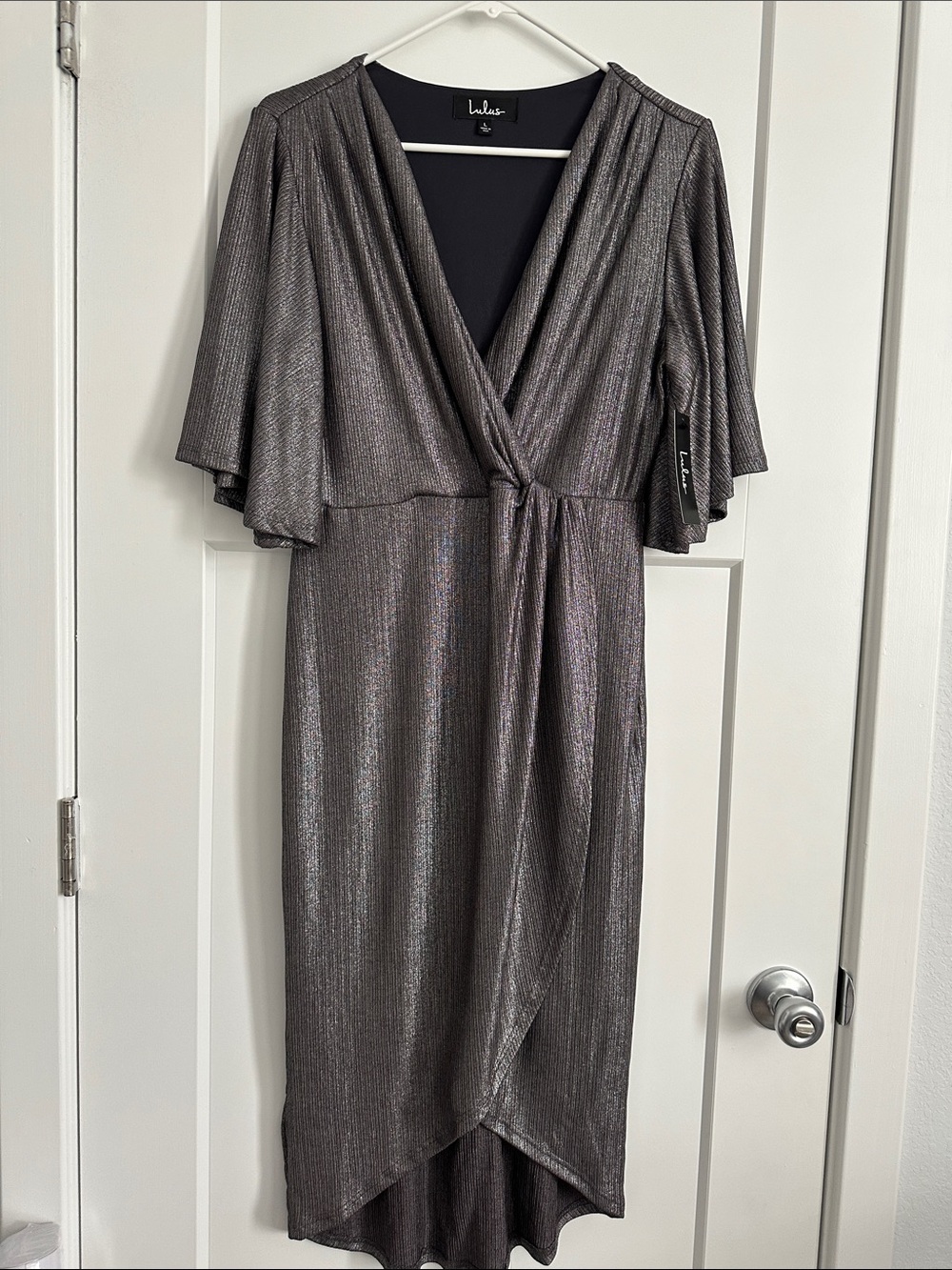 Lulu's Silver-Charcoal Metallic Faux Wrap Dress